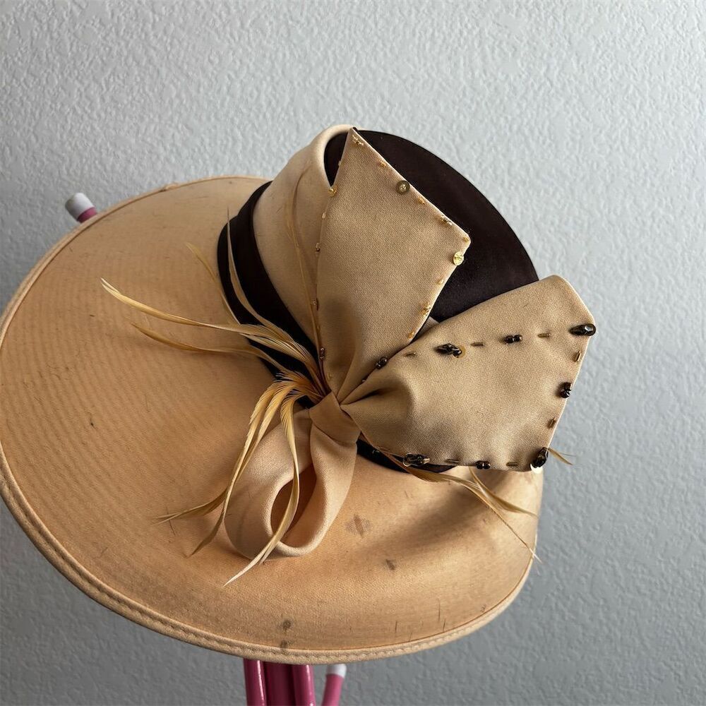 Midnight Velvet Vintage Beige Hat Beaded Bow & Feathers One Size - Picture 5 of 8